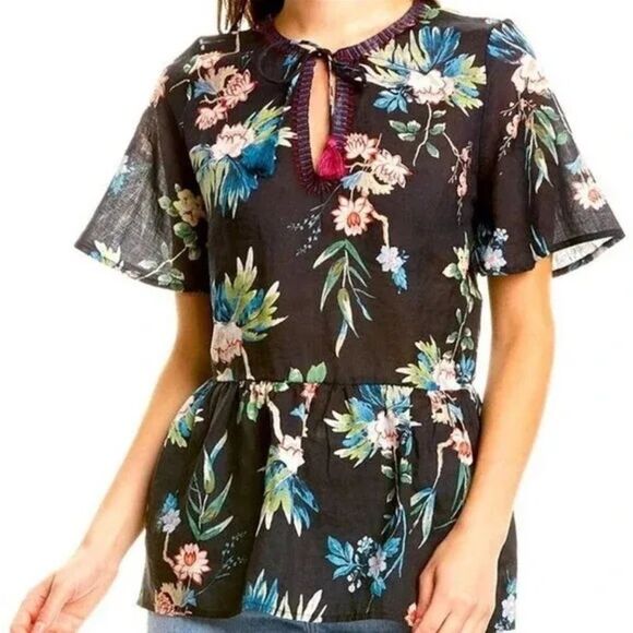 Johnny Was Workshop Floral Leafy Peplum Tassel Blouse Size Small - Picture 6 of 6